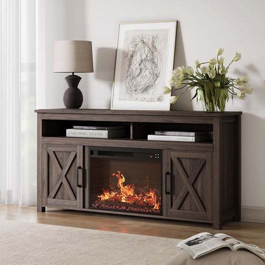 Rustic Electric Fireplace TV Stand with Storage, 48" Modern Farmhouse