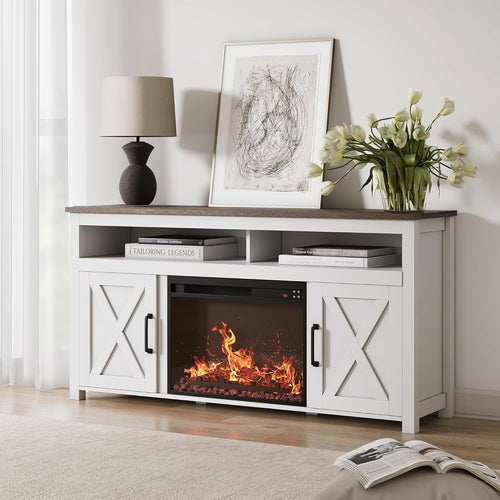 Rustic Modern Farmhouse TV Stand with Infrared Fireplace Heater