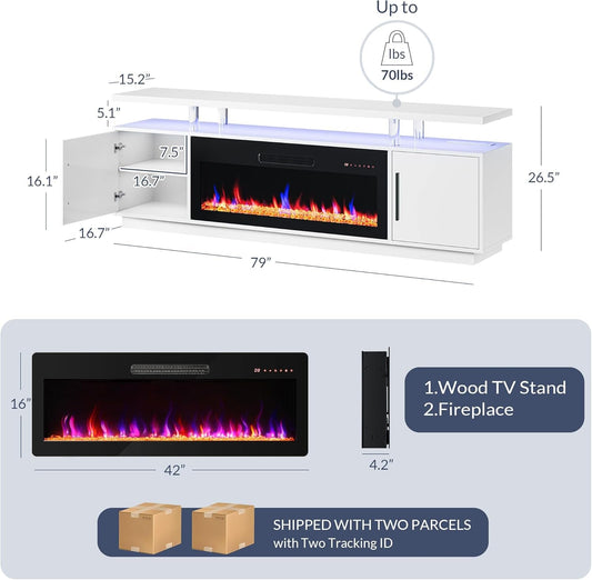 79 Inch TV Stand With Electric Fireplace White USB Port