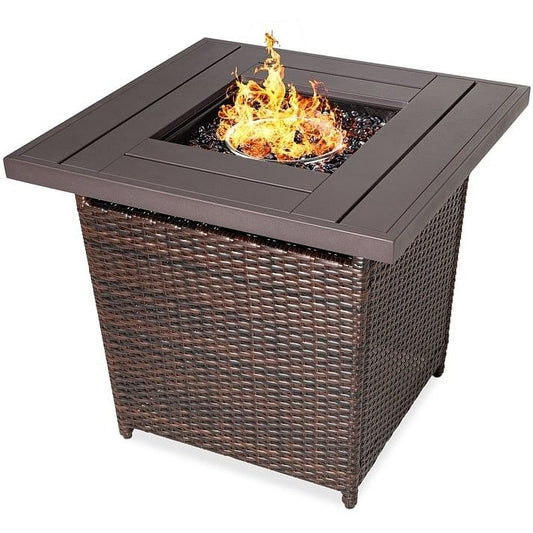 50,000 BTU Brown Wicker Round LP Gas Propane Fire Pit Table with Faux