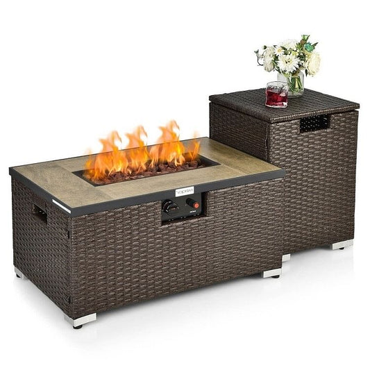Brown Propane Gas Rattan Fire Pit Table with Side Tank Holder & Cover