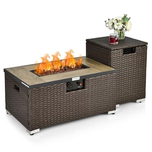 Brown Propane Gas Rattan Fire Pit Table with Side Tank Holder & Cover