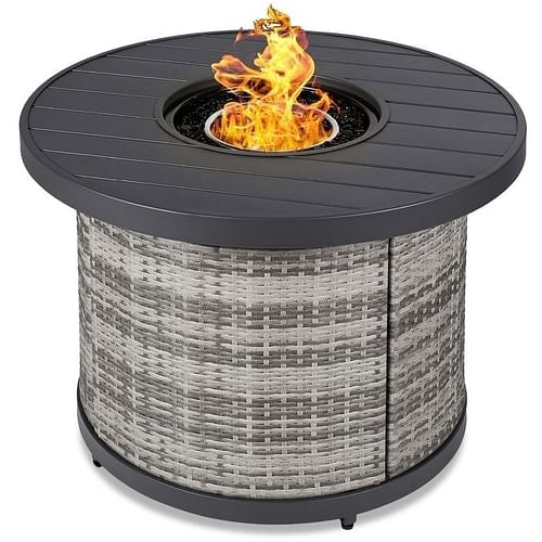 50,000 BTU Grey Wicker Round LP Gas Propane Fire Pit Table with