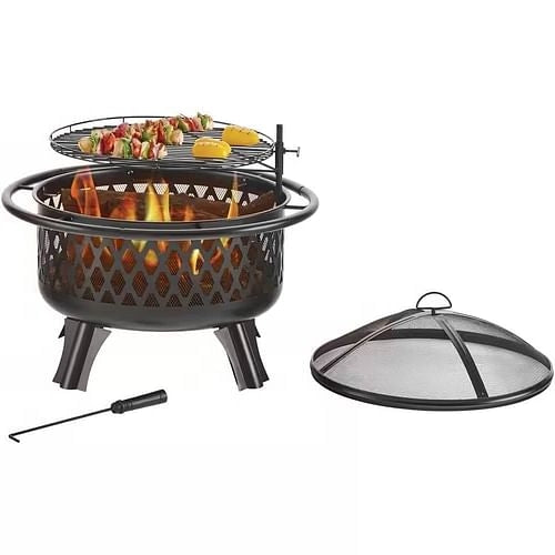 30" Black Steel Outdoor Fire Pit Grill with Screen & Poker