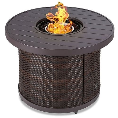 32-Inch Brown Wicker LP Gas Fire Pit Table w/ Faux Wood Top