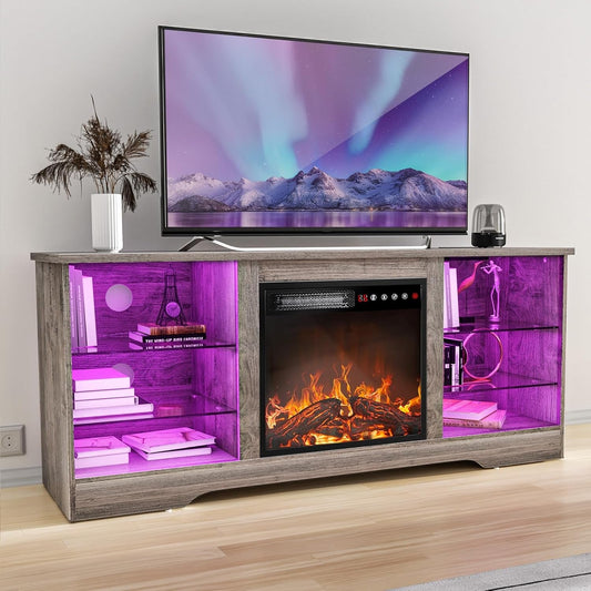 Modern Gray TV Stand with 18” Electric Fireplace & Storage