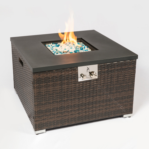 32-Inch Brown Wicker Propane Fire Pit Table with Steel Top