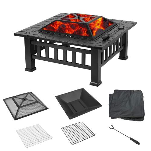 32-Inch Square Iron Outdoor Fire Pit with Mesh Lid & Poker