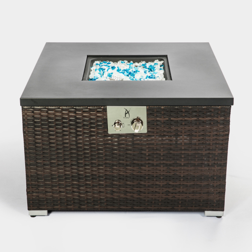 32-Inch Brown Wicker Propane Fire Pit Table with Steel Top