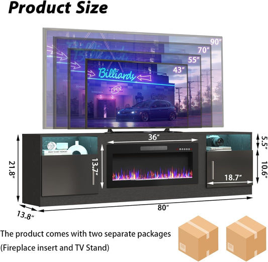 Modern 80" TV Stand with 36" Fireplace and Storage