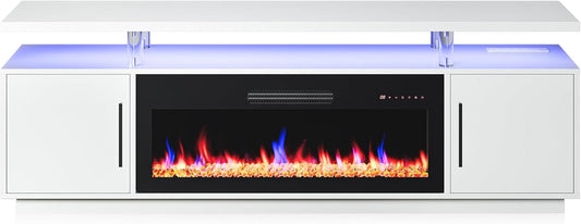 79 Inch TV Stand With Electric Fireplace White USB Port