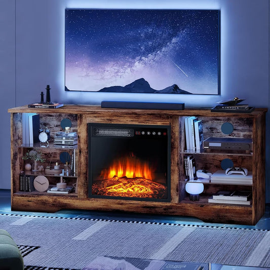 Modern 58" TV Stand with Electric Fireplace & LED Lights