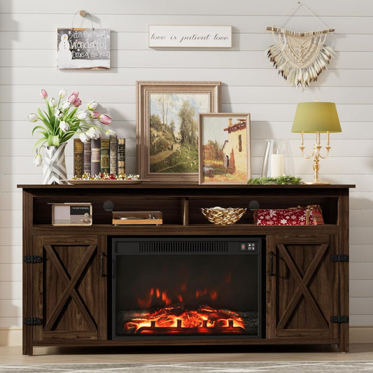 Rustic Fireplace TV Stand with Glass Display & Storage
