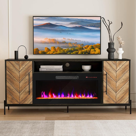 68" TV Stand with Electric Fireplace & Storage Cabinets
