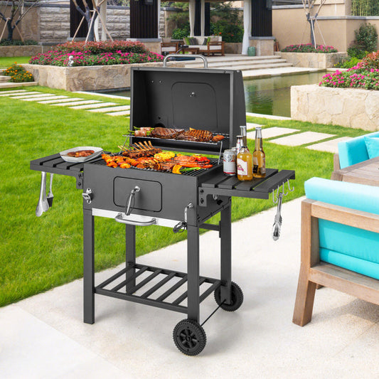 Outdoor Charcoal Grill with Side Tables & Adjustable Heat