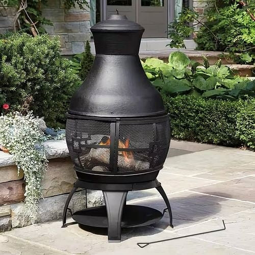 45-Inch Black Cast Iron & Steel Outdoor Wood-Burning Chimenea