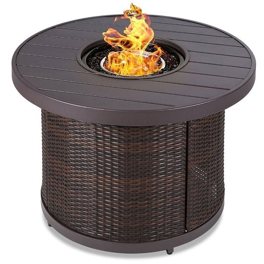 32-Inch Brown Wicker LP Gas Fire Pit Table w/ Faux Wood Top