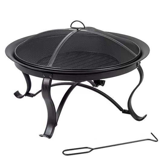 30” Round Steel Outdoor Fire Pit with Mesh Cover & Poker – Bronze
