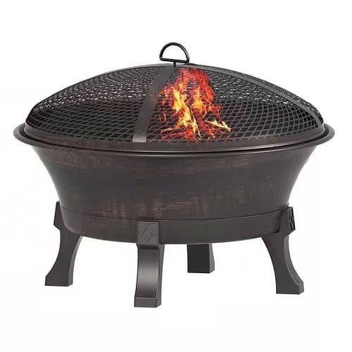 26-Inch Outdoor Cast Iron Wood Fire Pit with Mesh Cover and Poker