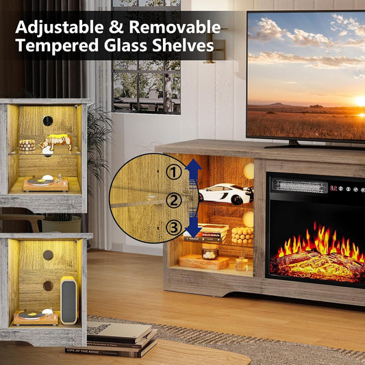Modern Gray TV Stand with 18” Electric Fireplace & Storage