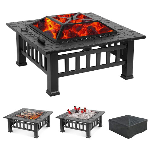 32-Inch Square Iron Outdoor Fire Pit with Mesh Lid & Poker