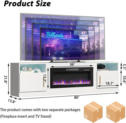 Elegant 80" TV Stand with Adjustable Electric Fireplace & Storage