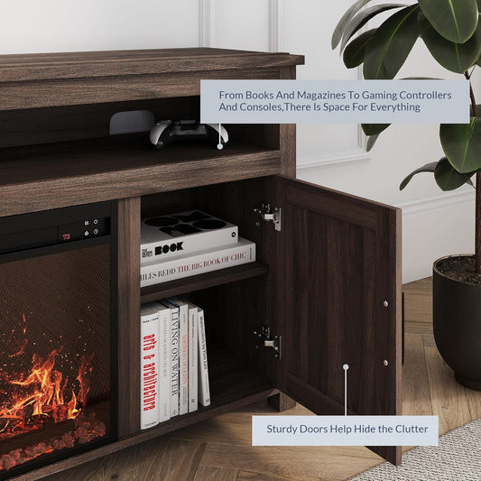 Rustic Electric Fireplace TV Stand with Storage, 48" Modern Farmhouse