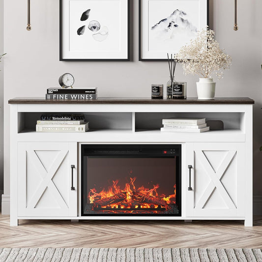 Rustic Modern Farmhouse TV Stand with Infrared Fireplace Heater