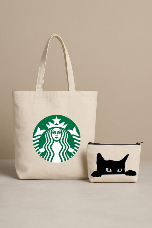 ALYONA Starbucks Themed Tote Bag with Adorable Cat Design Pouch –
